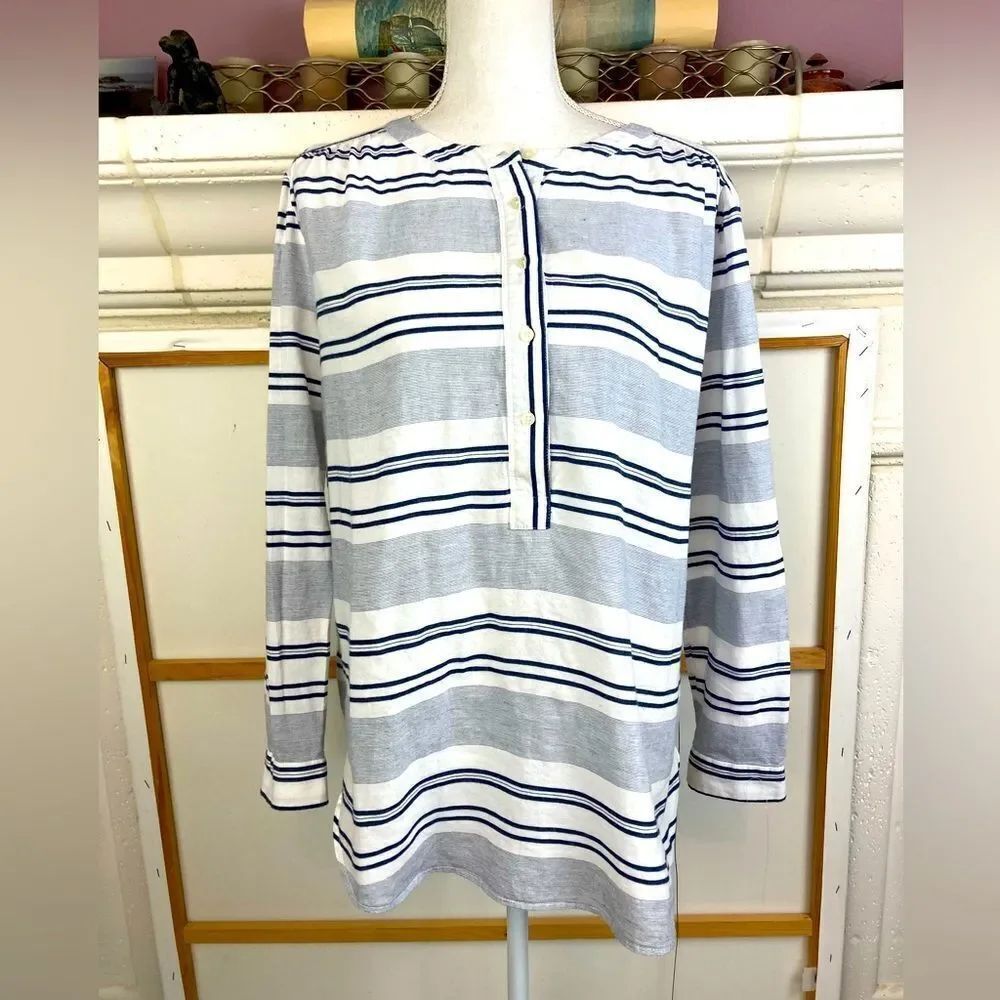 LOFT cotton Striped Long Sleeve Blouse w/round neck & convertible sleeves